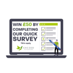 Little Man pointing to big computer screen which reads "Win £50 by completing our quick survey."