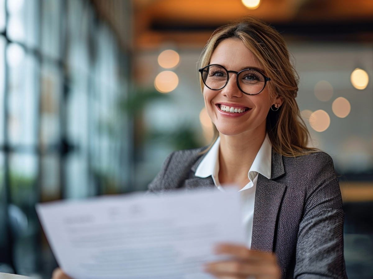 Smiling lady holding a sheet of paper